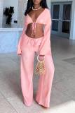 Casual Cardigan Collar Long Sleeve Lace Up Crop Tops And Wide Leg Pants Two Pieces Trouser Sets