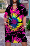Casual Graphics Print Basic V Neck Short Sleeve Loose Pockets Midi T-Shirt Dress