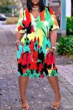 Casual Graphics Print Basic V Neck Short Sleeve Loose Pockets Midi T-Shirt Dress