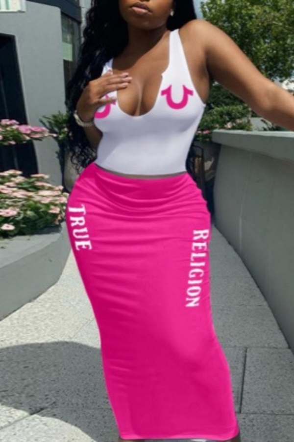 Sleeveless Letter Print Backless U Neck Crop Tank Top And Maxi Skirt Vacation Vest Skirt Set
