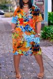 Casual Graphics Print Basic V Neck Short Sleeve Loose Pockets Midi T-Shirt Dress