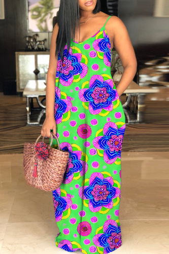 Casual Floral Print Backless Spaghetti Strap Floor Length Vacation Baggy Sundress Slip Maxi Dress