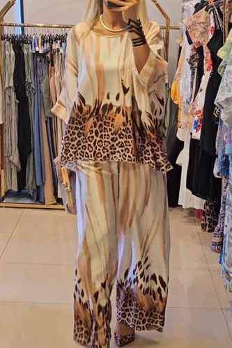 Casual Leopard Print 3/4 Sleeve O Neck Loose Blouse And Wide Leg Pants Vacation Two Pieces Trouser Sets