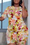 Casual Graphics Print O Neck Short Sleeve T Shirt And Shorts Set Sportwear Plus Size Two Piece Matching Set