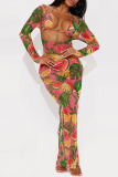 Graphcis Print Sleeveless Hollow Out Halter Bra And Mini Shorts Bikini Sets Cover Up Long Sleeve Dress Beach Vacation Swimwears Three-piece Swimsuit