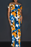 Graphcis Print Off Shoulder Flutter Sleeve Backless High Slit Long Formal Party Evening Bodycon Maxi Dress