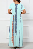 Casual Striped Print O Neck Short Sleeve Floor Length Long Baggy Vacation Maxi T Shirt Dress