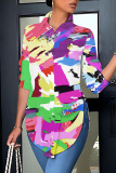Casual Graphics Print Shirt Collar Long Sleeve Vacation Side Slit Blouse