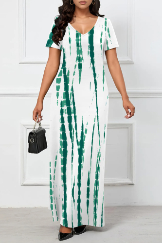 Casual Striped Print O Neck Short Sleeve Floor Length Long Baggy Vacation Maxi T Shirt Dress