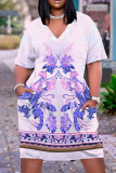 Casual Graphics Print Basic V Neck Short Sleeve Loose Pockets Midi T-Shirt Dress