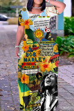 Graphics Print O Neck Short Sleeve Pocket Loose Floor Length Plus Size Maxi T-Shirt Dresses