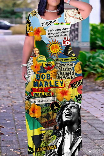 Graphics Print O Neck Short Sleeve Pocket Loose Floor Length Plus Size Maxi T-Shirt Dresses