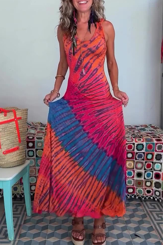 Tie Dye Print Strap Design Sleeveless U Neck Vacation A Line Maxi Tank Dresses