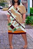 Casual Graphics Print Basic V Neck Short Sleeve Loose Pockets Midi T-Shirt Dress