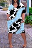 Casual Graphics Print Basic V Neck Short Sleeve Loose Pockets Midi T-Shirt Dress