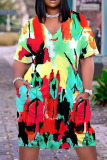 Casual Graphics Print Basic V Neck Short Sleeve Loose Pockets Midi T-Shirt Dress