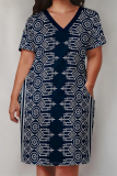Casual Graphics Print Basic V Neck Short Sleeve Loose Pockets Midi T-Shirt Dress