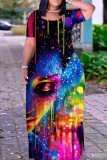 Figure Print O Neck Short Sleeve Pocket Loose Floor Length Plus Size Maxi T-Shirt Dresses