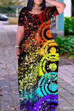 Graphics Print O Neck Short Sleeve Pocket Loose Floor Length Plus Size Maxi T-Shirt Dresses