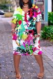 Casual Graphics Print Basic V Neck Short Sleeve Loose Pockets Midi T-Shirt Dress