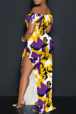 Graphcis Print Off Shoulder Flutter Sleeve Backless High Slit Long Formal Party Evening Bodycon Maxi Dress