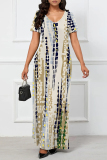 Casual Striped Print O Neck Short Sleeve Floor Length Long Baggy Vacation Maxi T Shirt Dress