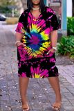 Casual Graphics Print Basic V Neck Short Sleeve Loose Pockets Midi T-Shirt Dress
