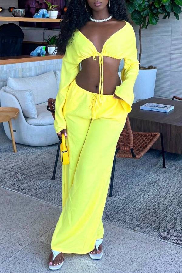 Casual Cardigan Collar Long Sleeve Lace Up Crop Tops And Wide Leg Pants Two Pieces Trouser Sets