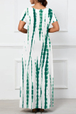Casual Striped Print O Neck Short Sleeve Floor Length Long Baggy Vacation Maxi T Shirt Dress