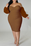 Sexy Backless Off Shoulder Puff Sleeve Slit Wrapped Skirt Formal Plus Size Bodycon Midi Dresses