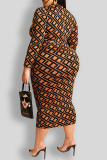 cGraphics Print Off Shoulder Long Sleeve Belt Long Loose Vacation Formal Party Evening Plus Size Bodycon Maxi Dress