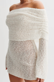 Kintted Off Shoulder Flutter Sleeve Hollow Out See-Through One Step Skirt Formal Party Evening Bodycon Mini Dresses