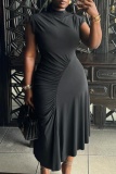 Casual Sleeveless Half A Turtleneck Irregular Hem Vacation Pleated Ruched Midi Dresses