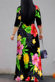 Casual Floral Print V Neck Half Sleeve Floor Length With Belt Strap Design Vacation A Line Maxi Dresses