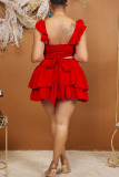 Casual Spaghetti Strap Sleeveless Lace Up Front Tie Cami Crop Tops And Ruffle Tiered Hem Mini Skirt Vacation Two Pieces Dress Sets