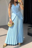 Sleeveless V Neck Buckle Blazer Vest Tops And Pleated Maxi Skirts Formal Office Lady Two Pieces Dress Sets