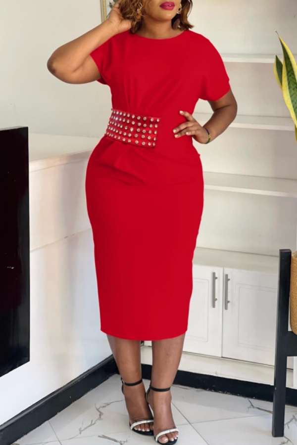 Hot Drill O Neck Short Sleeve Formal Party Evening Bodycon Midi Mother Of The Bride Dress