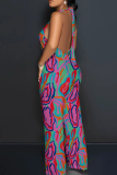 Graphics Print Sleeveless Backless Deep V Neck Vacation Halter Wide Leg Jumpsuits