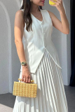 Sleeveless V Neck Buckle Blazer Vest Tops And Pleated Maxi Skirts Formal Office Lady Two Pieces Dress Sets