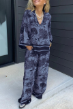 Casual Floral Print V Neck Long Sleeve Oversize Blouse And Draw String Wide Leg Pants Pocket Vacation Two Pieces Trouser Sets