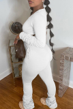Casual U Neck Long Sleeve Slim Fitted Crop Tops And Stacked Pants Pocket Ruched Two Pieces Trouser Sets