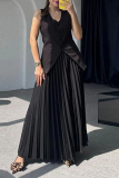 Sleeveless V Neck Buckle Blazer Vest Tops And Pleated Maxi Skirts Formal Office Lady Two Pieces Dress Sets