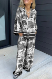 Casual Floral Print V Neck Long Sleeve Oversize Blouse And Draw String Wide Leg Pants Pocket Vacation Two Pieces Trouser Sets
