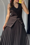 Sleeveless V Neck Buckle Blazer Vest Tops And Pleated Maxi Skirts Formal Office Lady Two Pieces Dress Sets