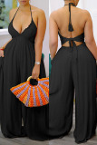 Casual Lace Up Deep V Neck Backless Sleeveless Vacation Halter Wide Leg Jumpsuits