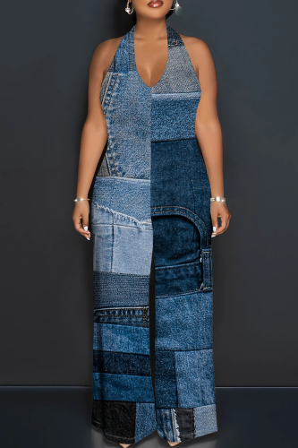 Colorblock Print Sleeveless Backless Deep V Neck Vacation Halter Wide Leg Jumpsuits