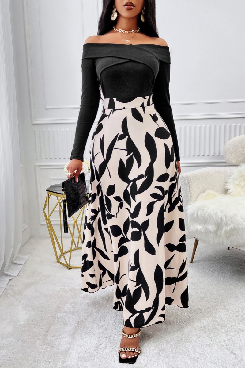 Mid-Sleeve Print Cinched-Waist A-Line Dress Oversized Women'S Maxi Dress