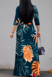Casual Floral Print V Neck Half Sleeve Floor Length With Belt Strap Design Vacation A Line Maxi Dresses