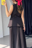Sleeveless V Neck Buckle Blazer Vest Tops And Pleated Maxi Skirts Formal Office Lady Two Pieces Dress Sets