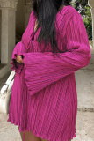 Stripe Print Strap Design V Neck Flare Sleeve Ruched Straight Vacation Plus Size Pleated Mini Dresses